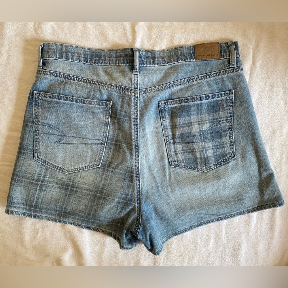 AE Plaid Print Contrast Denim Highest Rise Mom Shorts